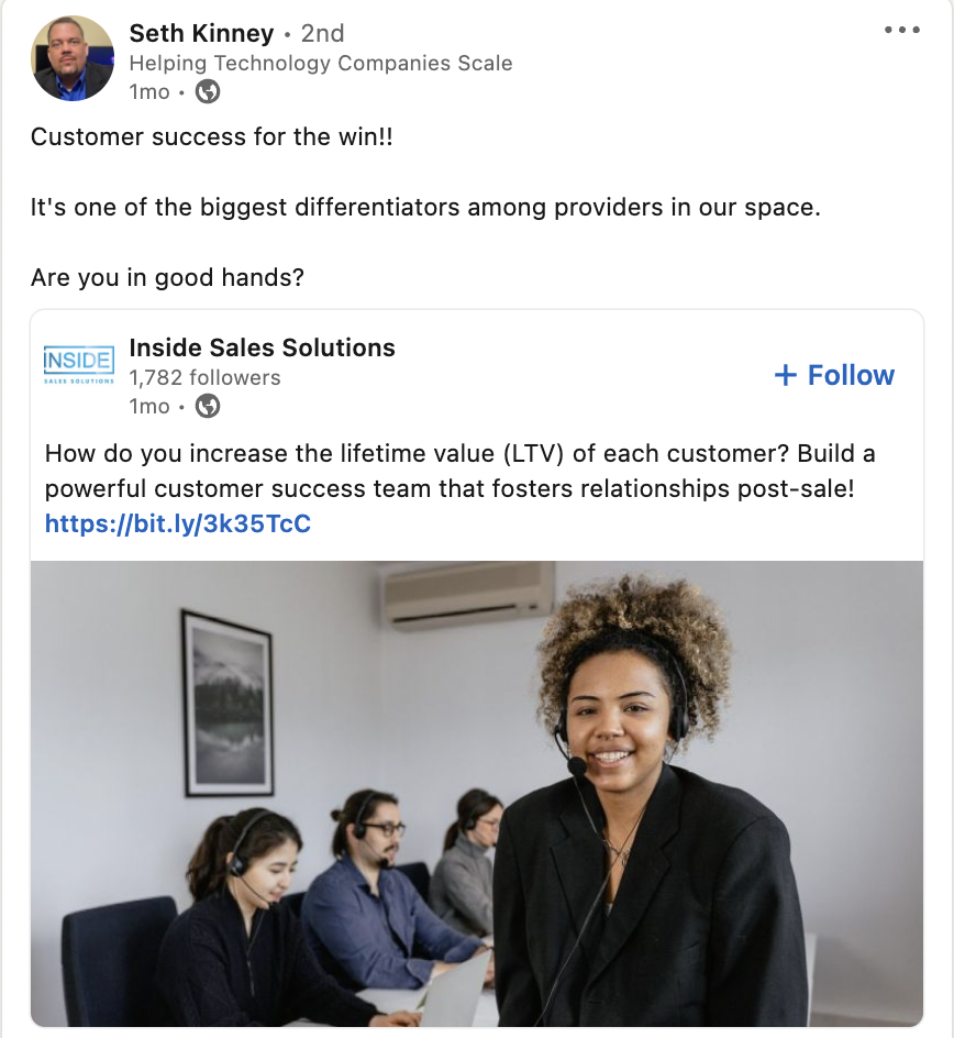 Example of social media marketing: Seth Kinney (ISS VP of Global Sales) shares post on his LinkedIn feed